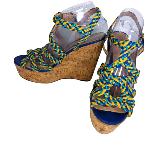Schutz Caron Olympian Blue HIgh Heel Cork Wedge Platform Multi Color Sandals..10 - Picture 3 of 9